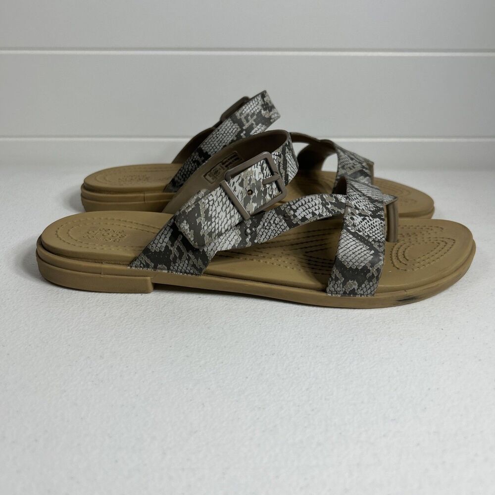 Crocs Women’s Sandals Size 9 Gray/Tan Tulum Toe Post Sandal Snake Print Slip On